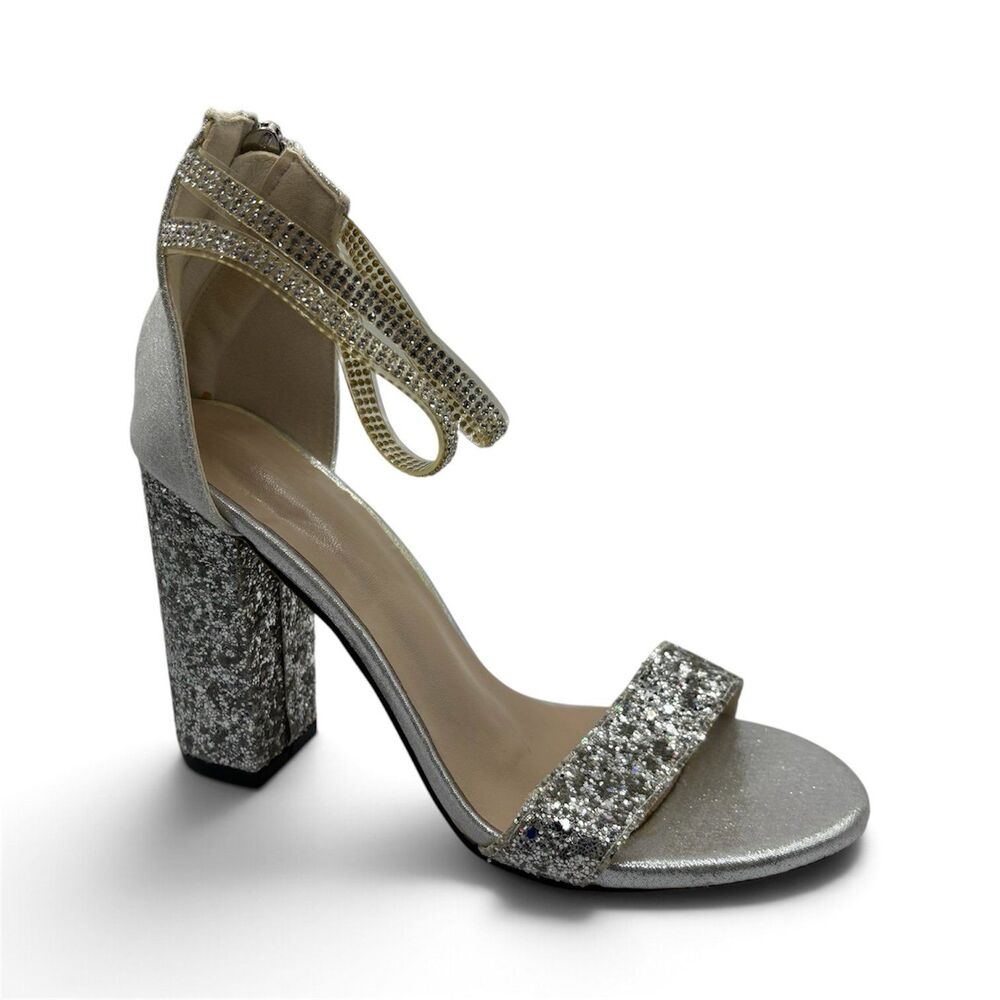 Silver Glitter Block Heel Ankle Strap Sandals Rhinestone Women’s Size 36/5.5